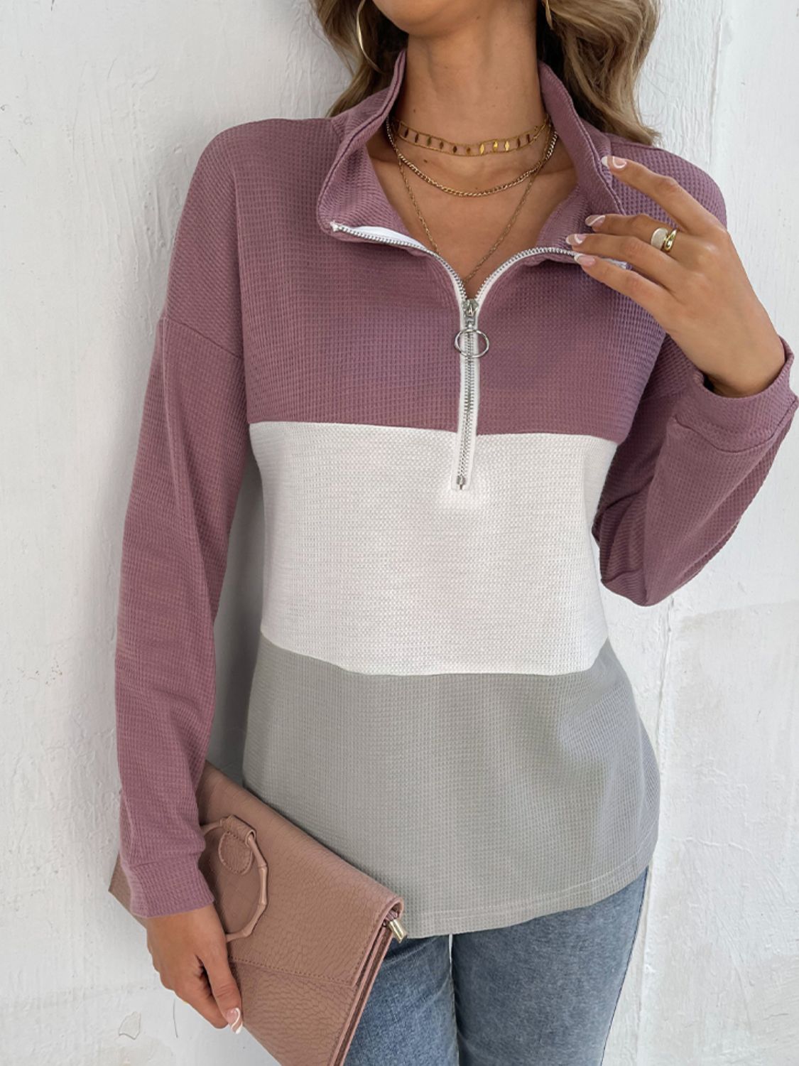 Color Block Dropped Shoulder Waffle-Knit Zipper Front Blouse