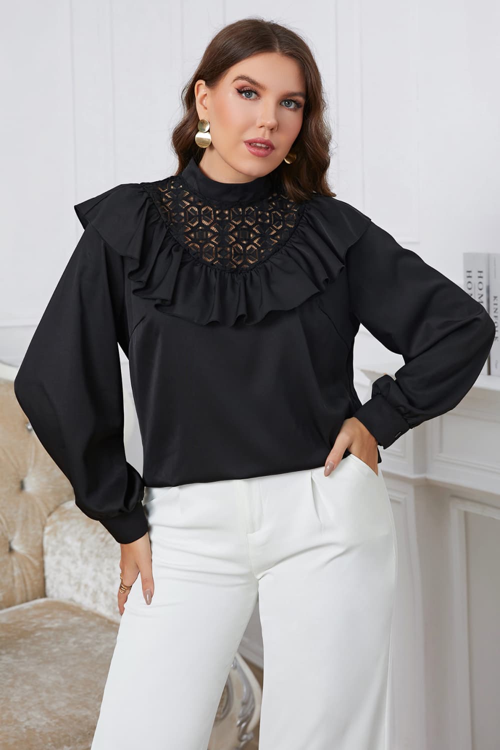 Melo Apparel Plus Size Ruffle Trim Mock Neck Blouse