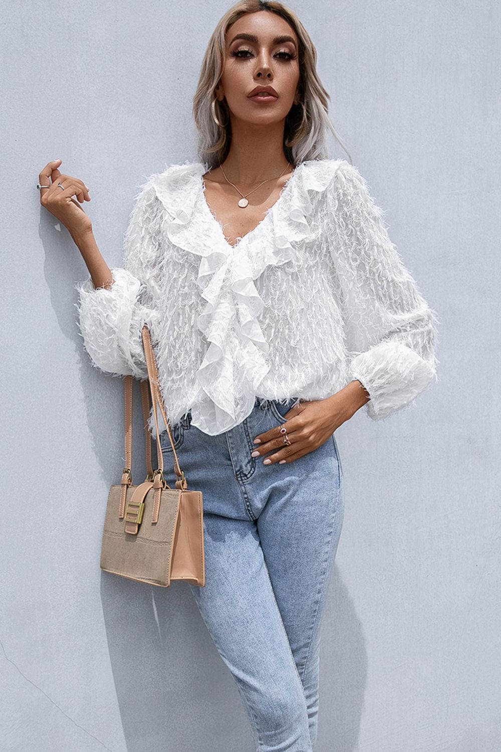 Ruffle Hem Fringe V-Neck Balloon Sleeve Blouse