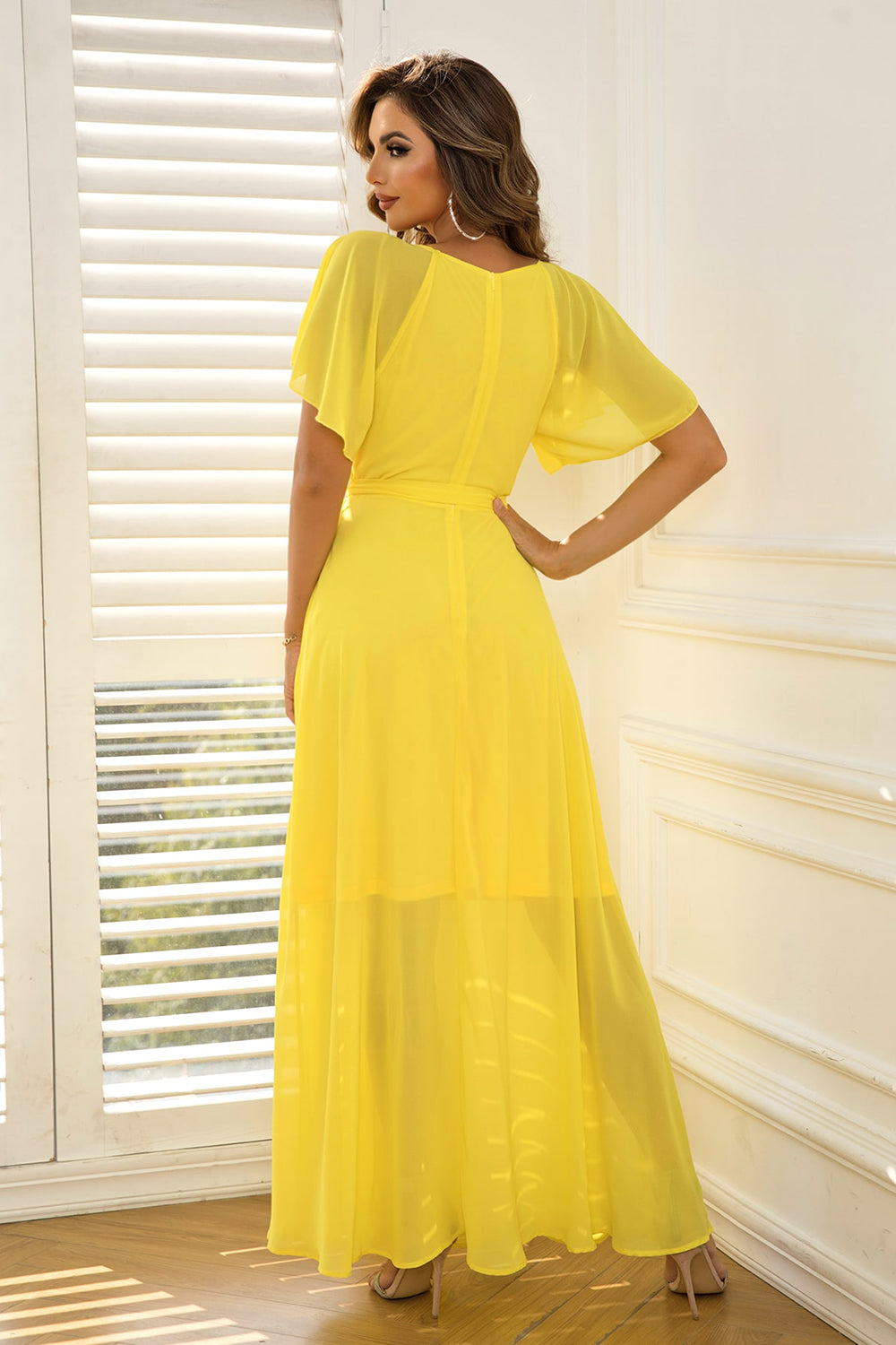 Tie Waist Flutter Sleeve Maxi Dress