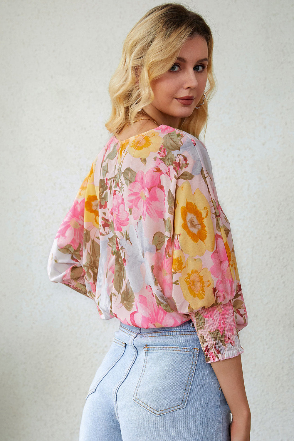 Floral Round Neck Three-Quarter Sleeve Top