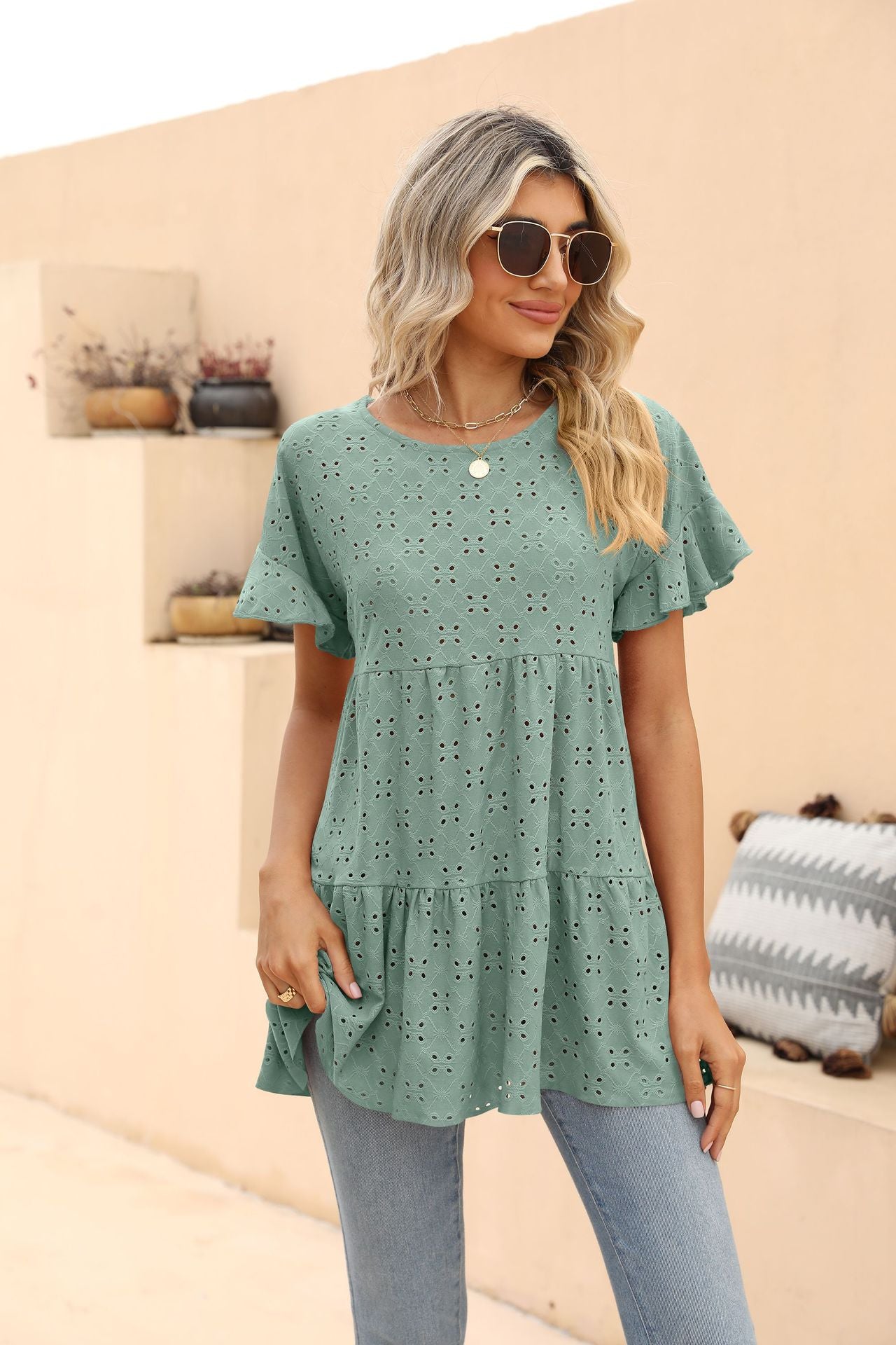 Openwork Round Neck Flounce Sleeve Blouse