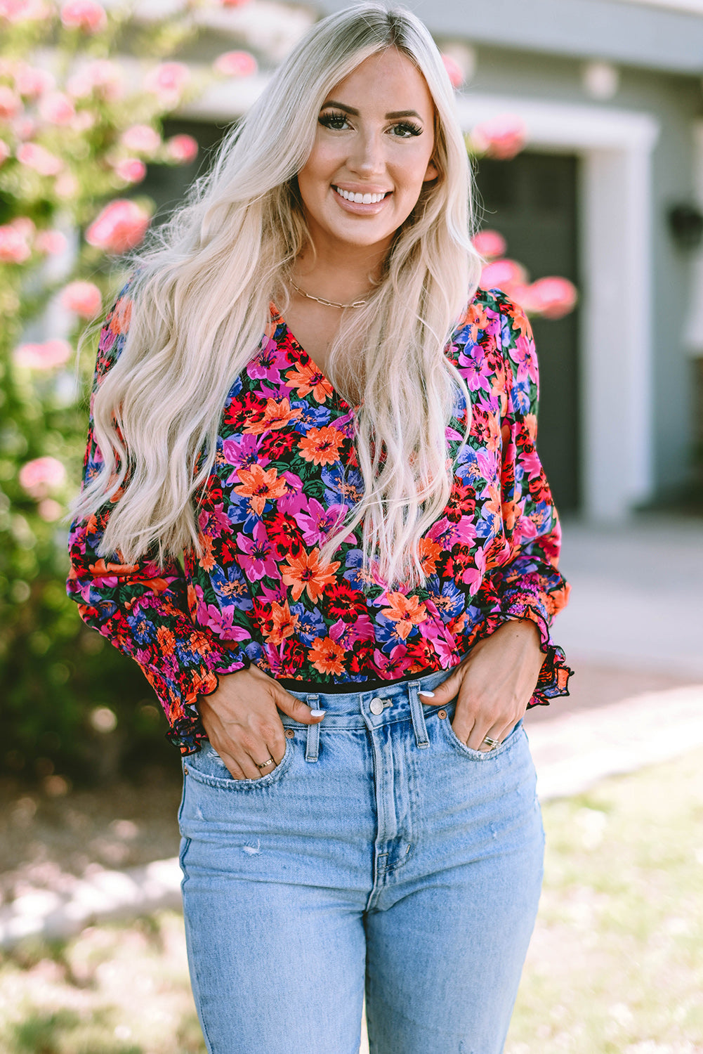 Flower Surplice Long Sleeve Top