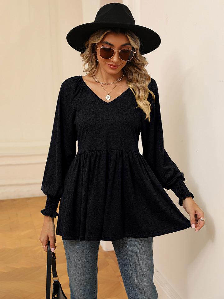 V-Neck Lantern Sleeve Blouse