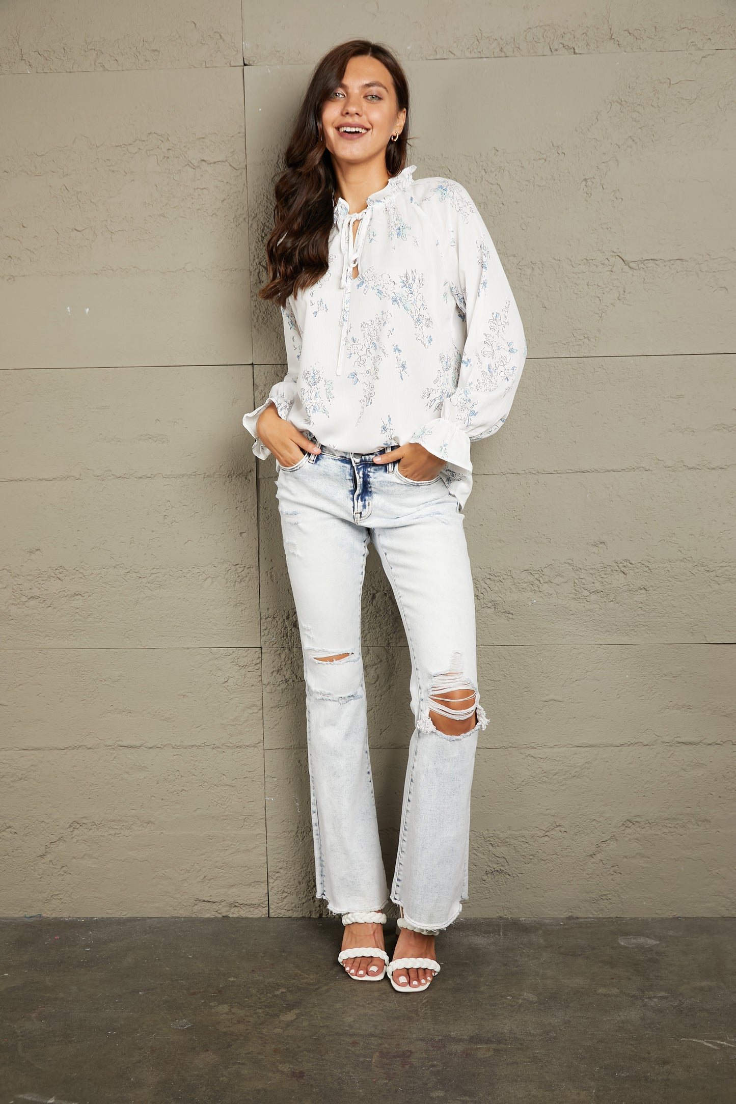 Double Take Floral Tie Neck Flounce Sleeve Blouse