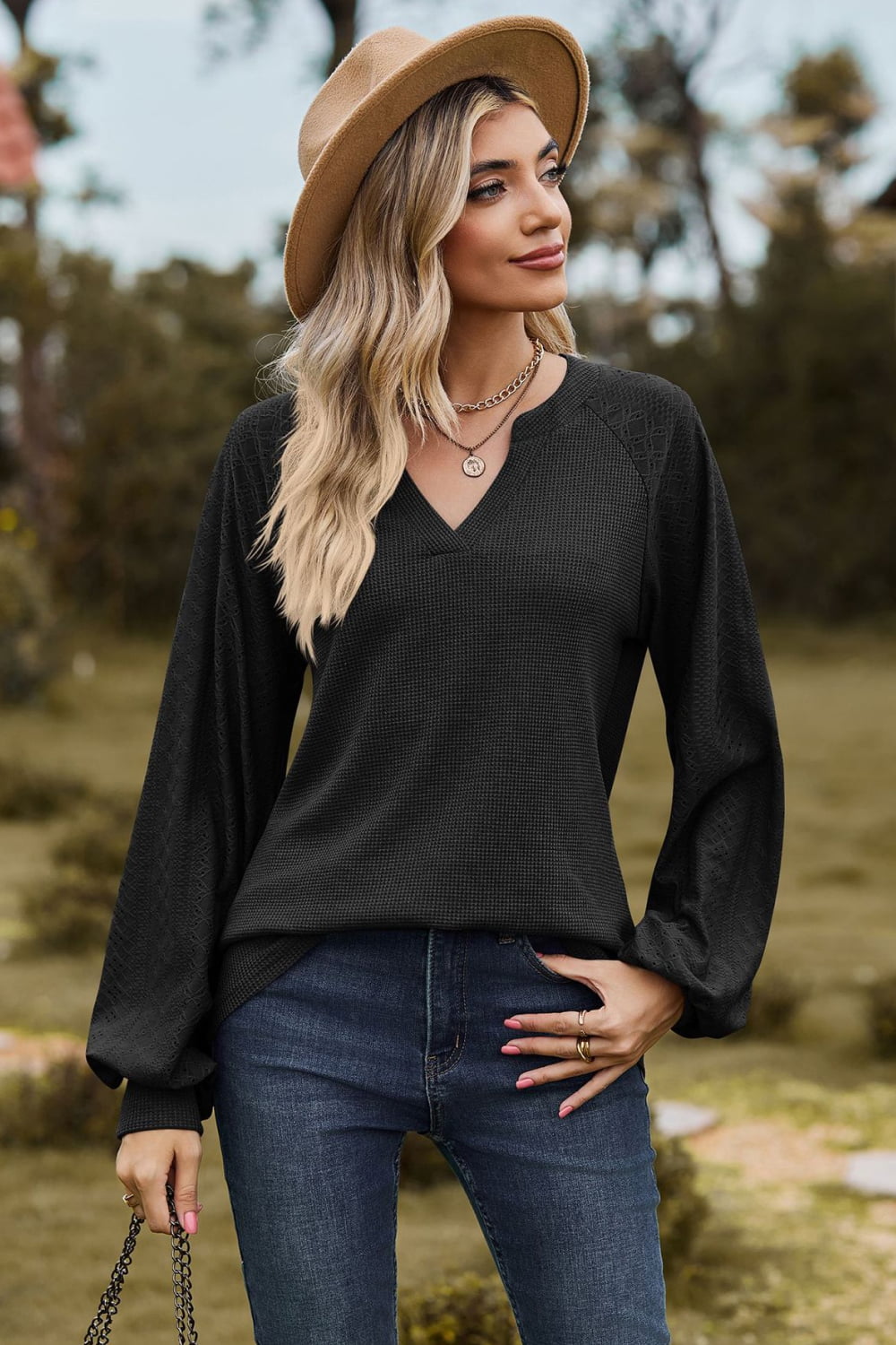 Notched Neck Raglan Sleeve Blouse