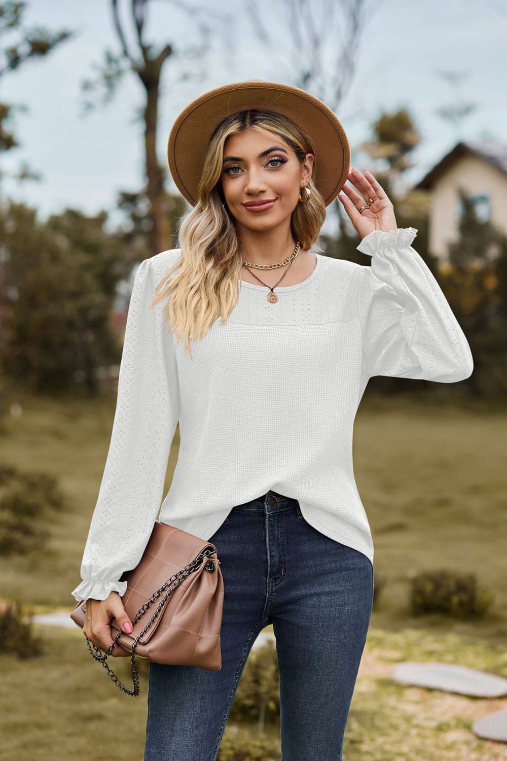 Round Neck Puff Sleeve Blouse