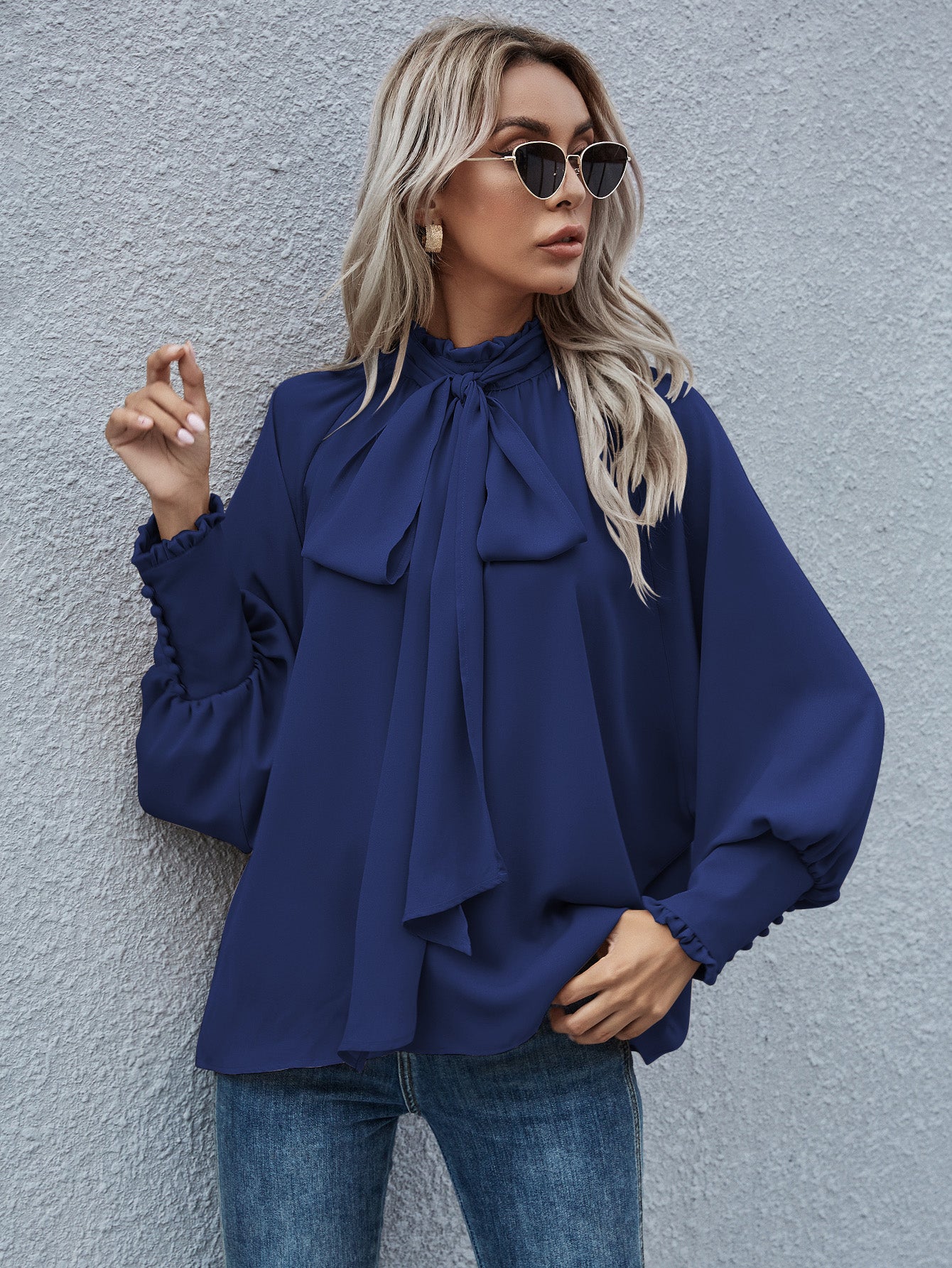 Mock Neck Lantern Sleeve Tie Front Blouse