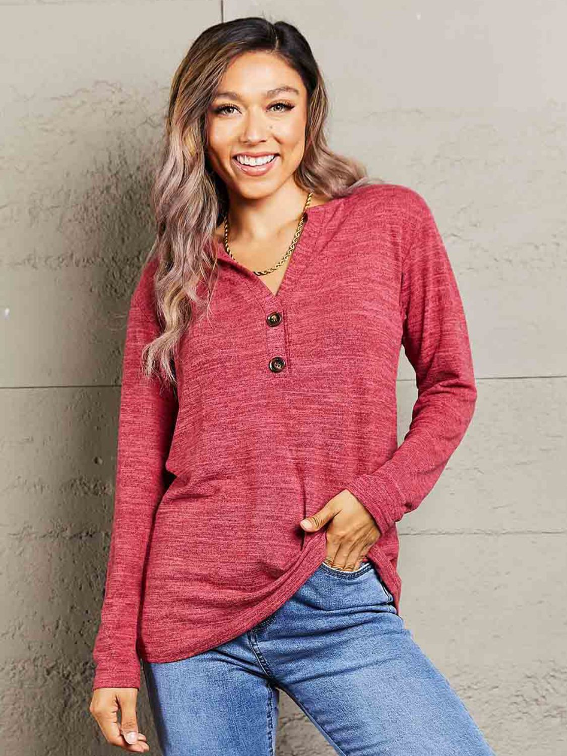 Buttoned Notched Neck Long Sleeve Top