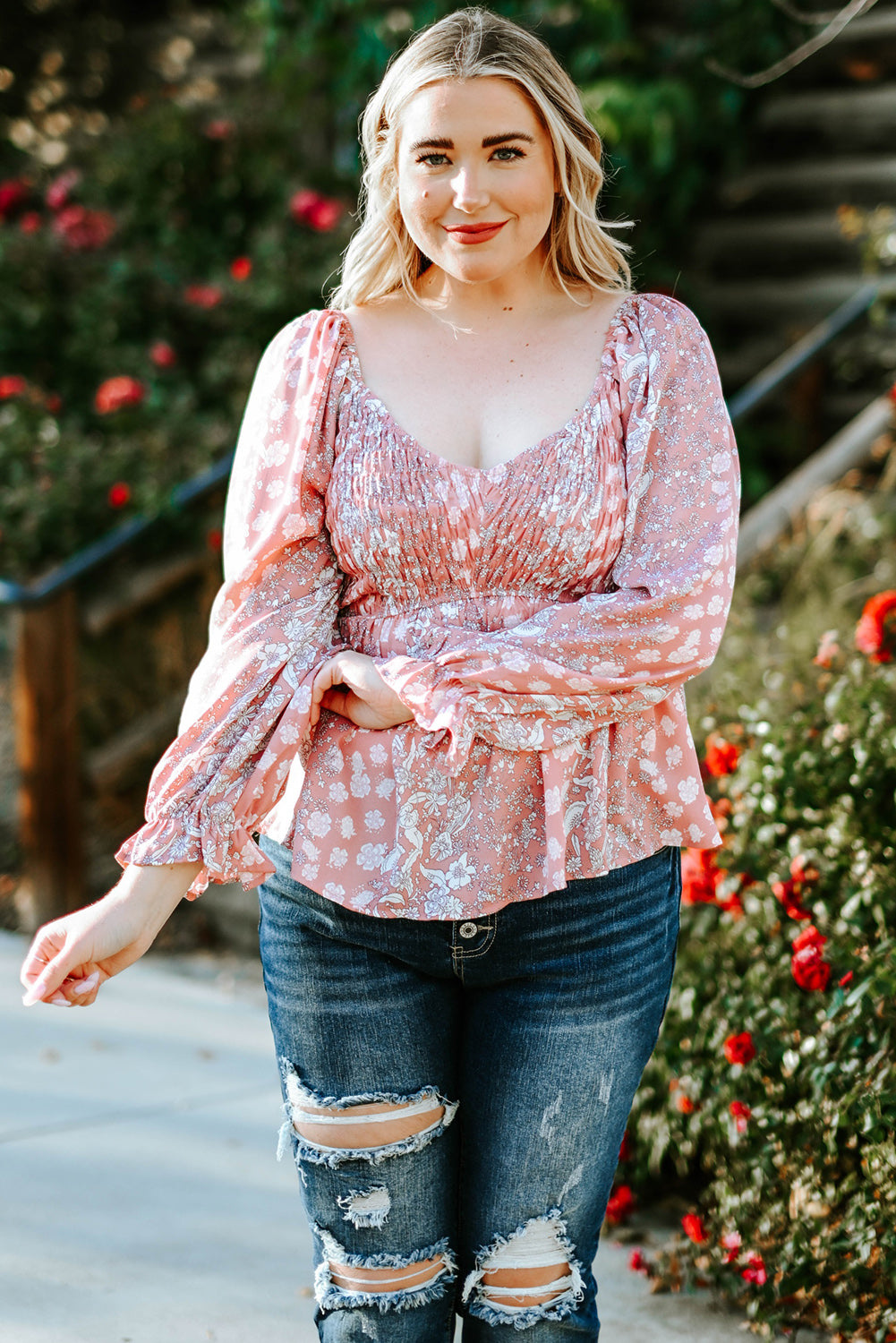 Plus Size Floral Smocked Flounce Sleeve Blouse