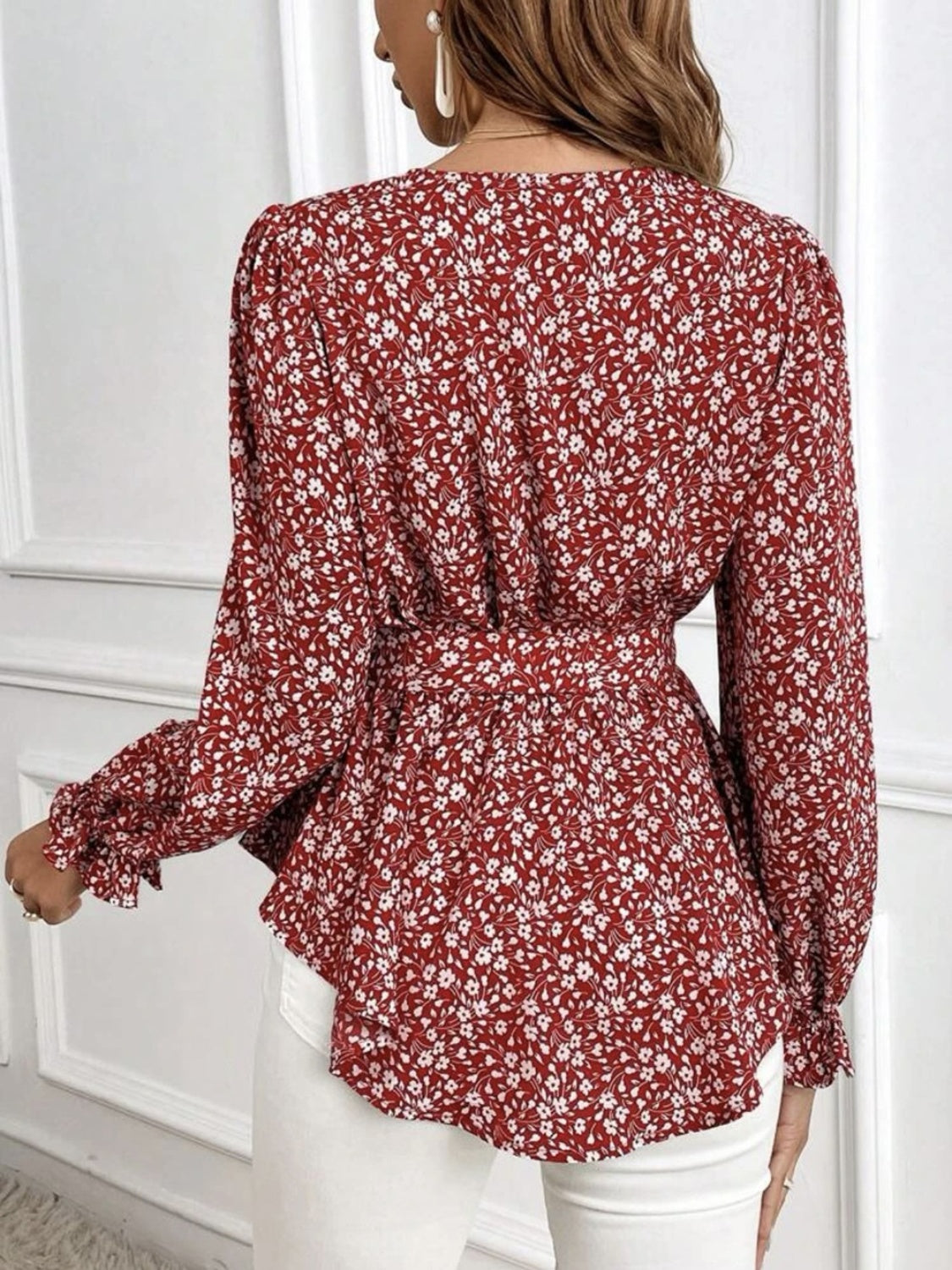 Printed V-Neck Tie Front Flounce Sleeve Blouse