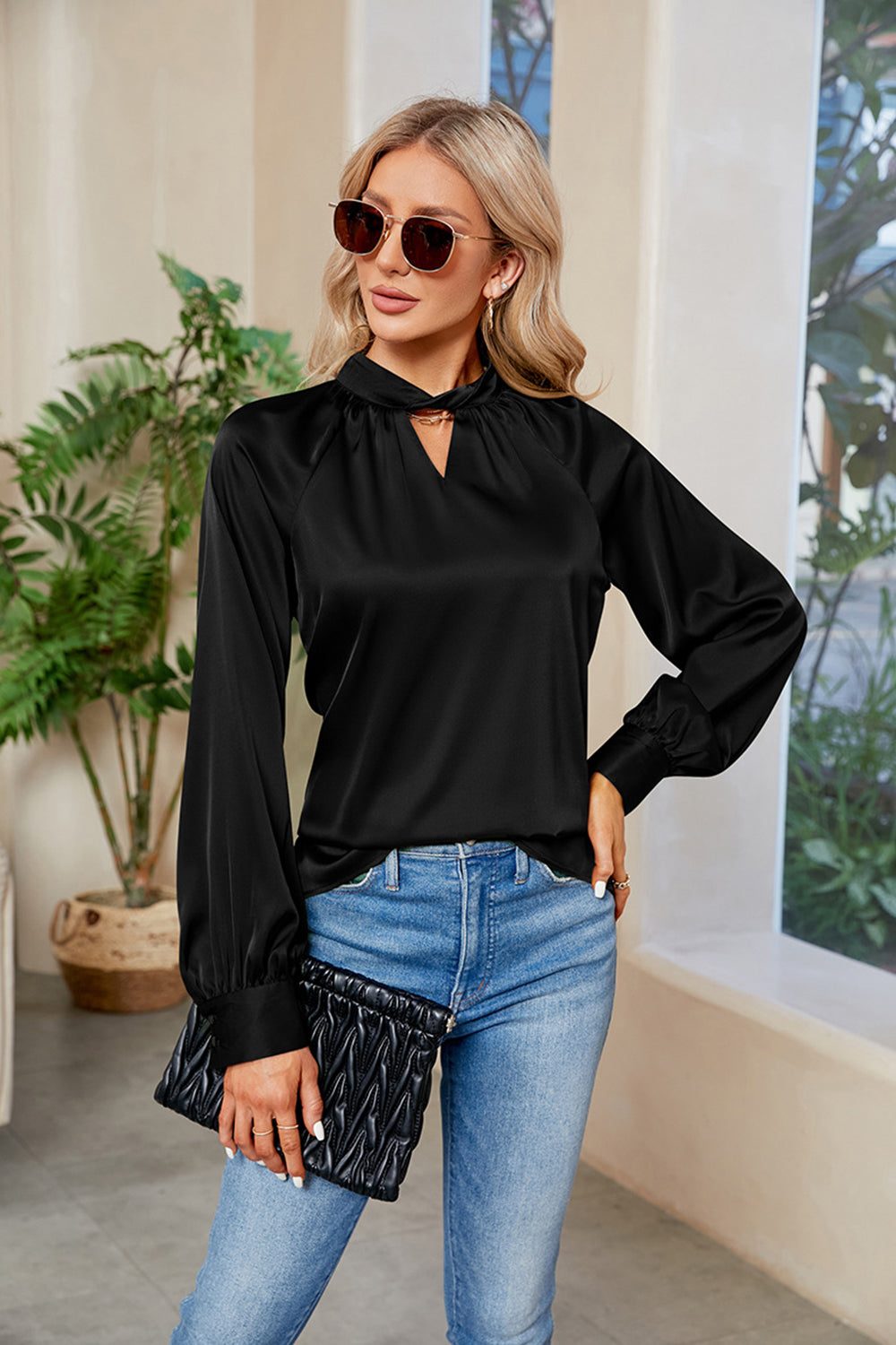 Cutout Mock Neck Long Sleeve Top