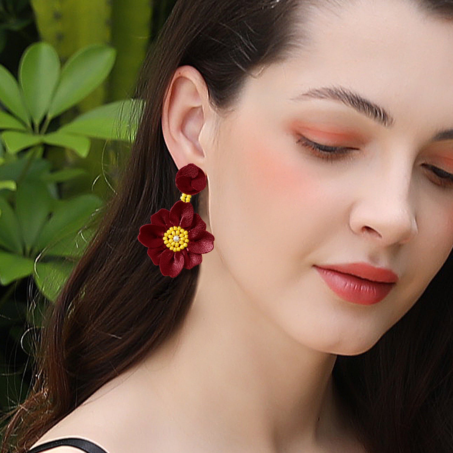 Bead PU Leather Stainless Steel Flower Earrings