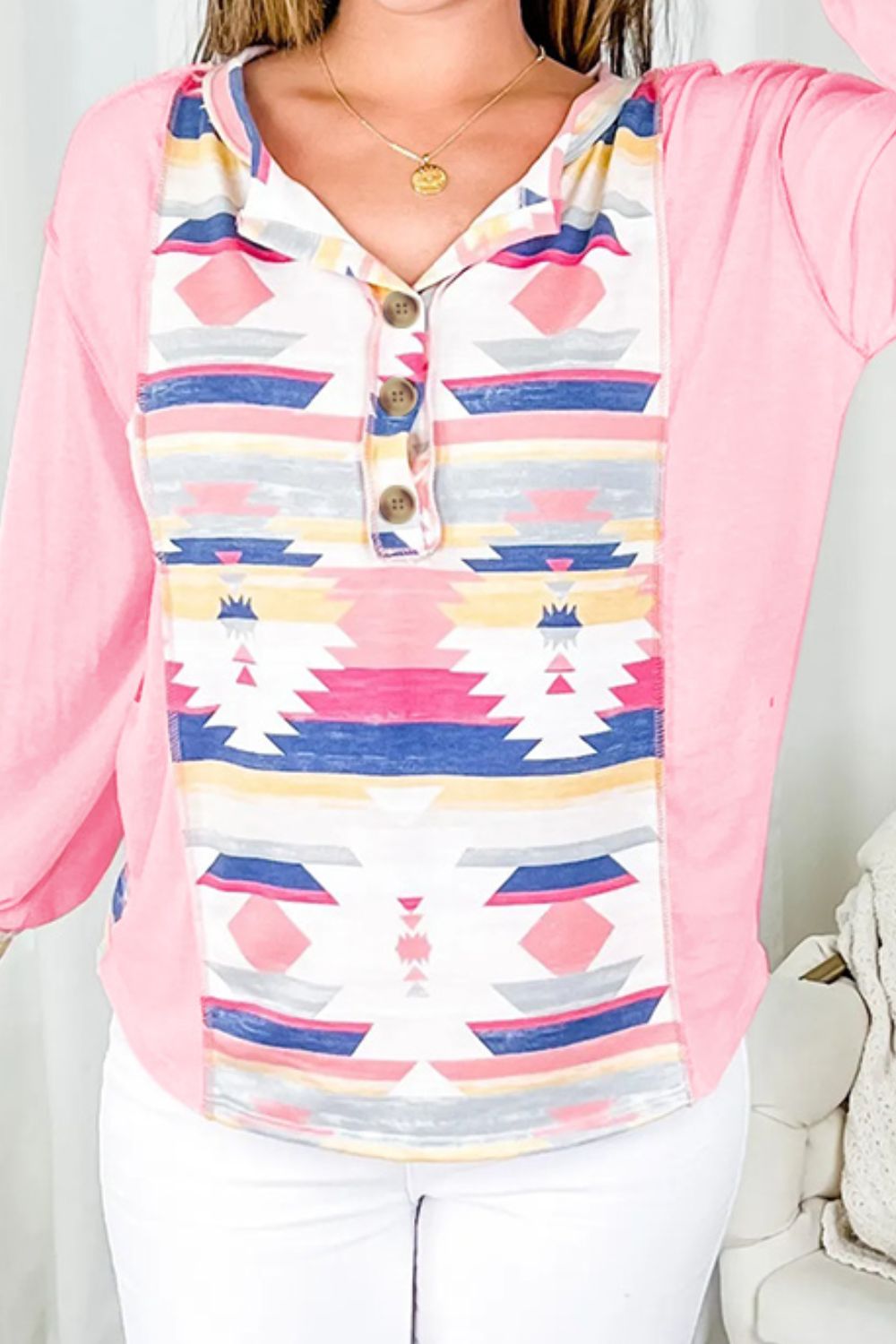 Geometric Exposed Seam Half Button Blouse