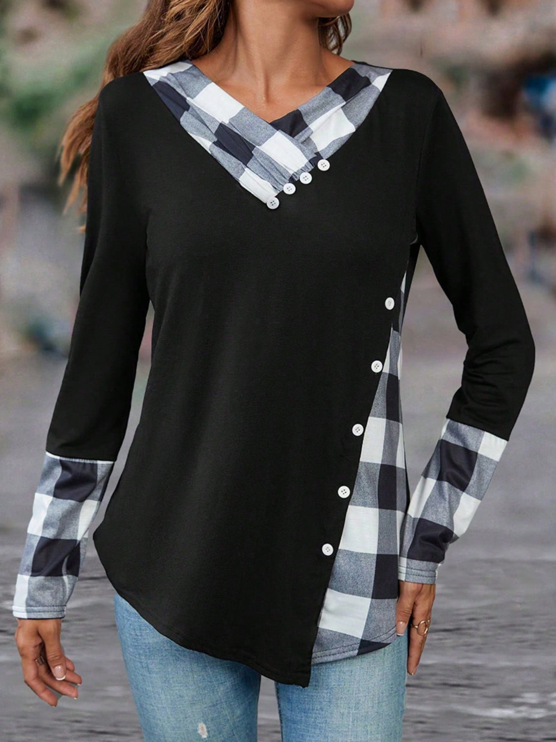 Plaid V-Neck Decorative Button Top