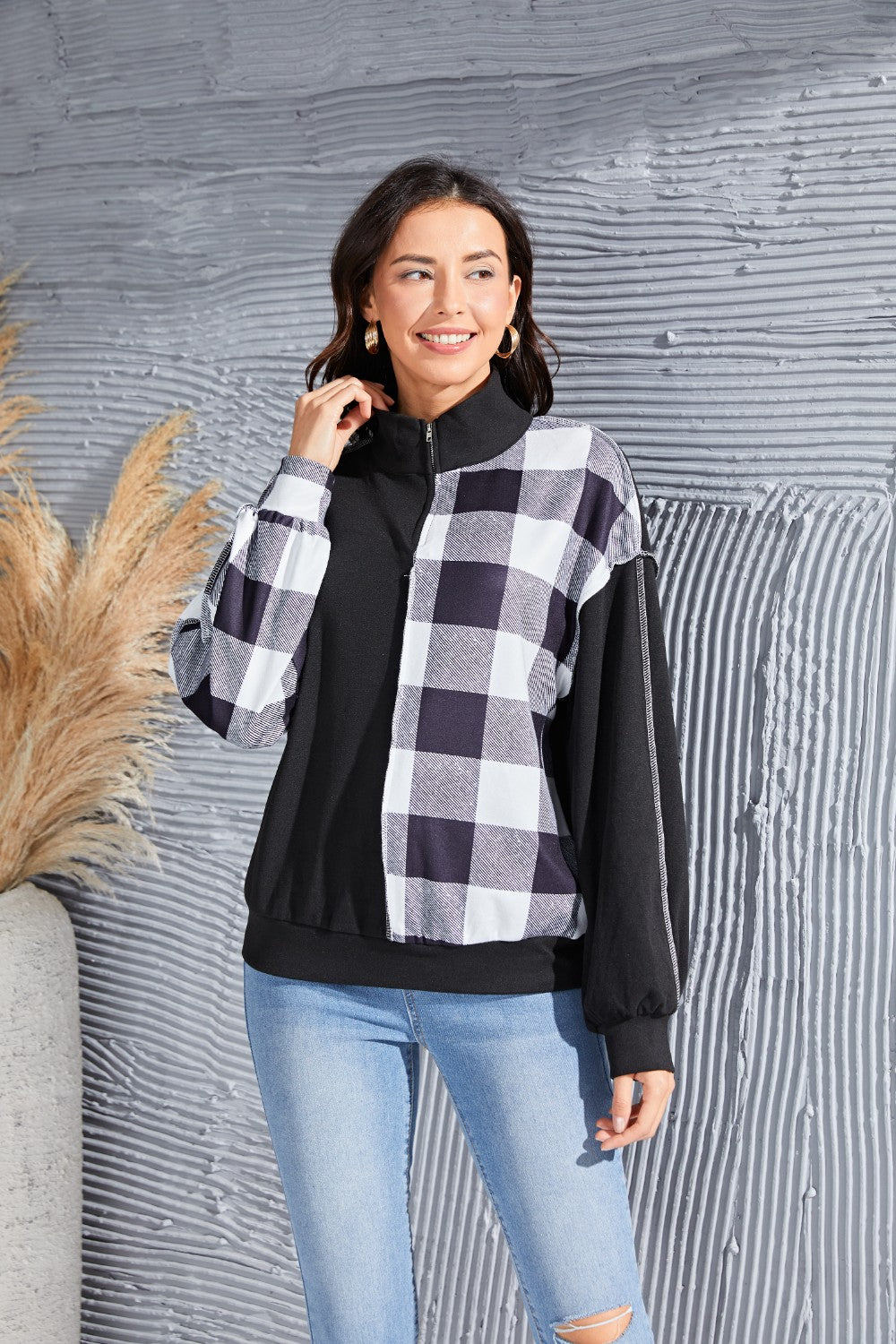 Plaid Exposed Seam Long Sleeve Blouse