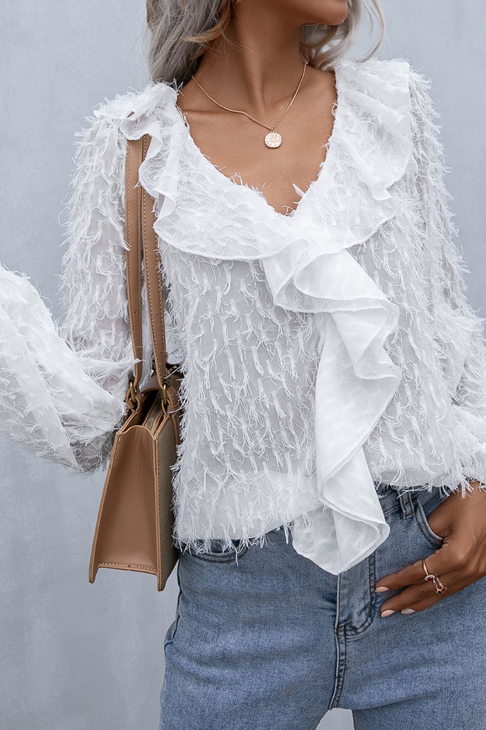 Ruffle Hem Fringe V-Neck Balloon Sleeve Blouse