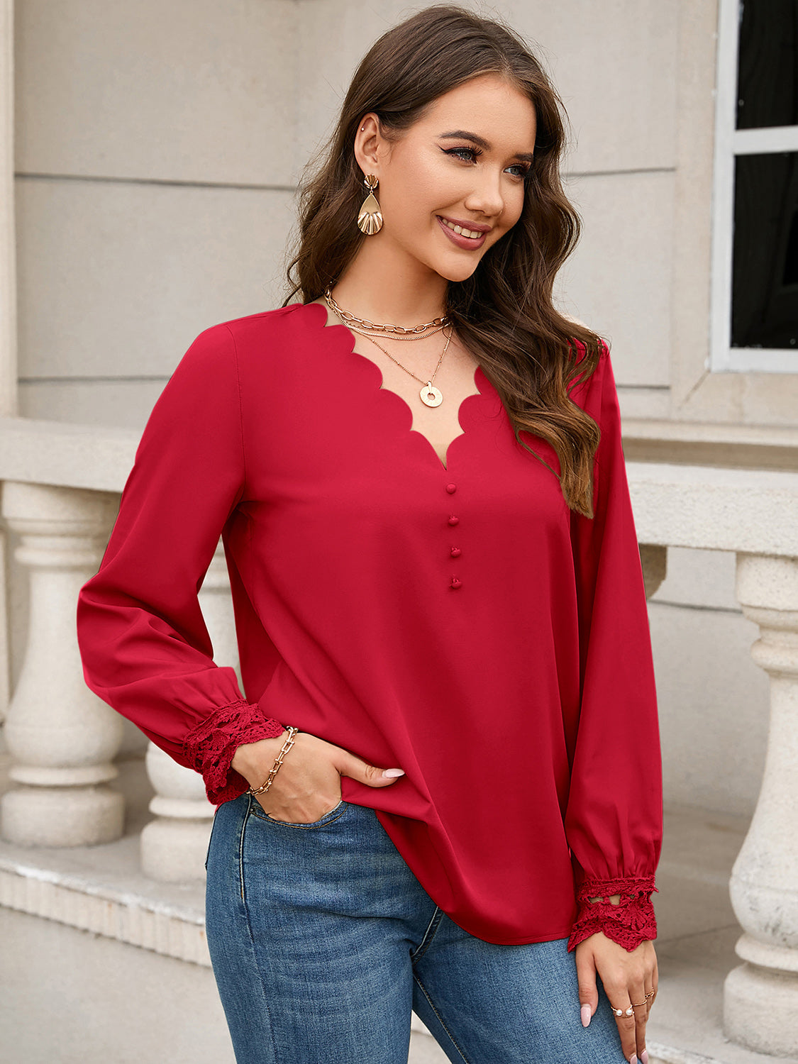 V-Neck Long Sleeve Blouse