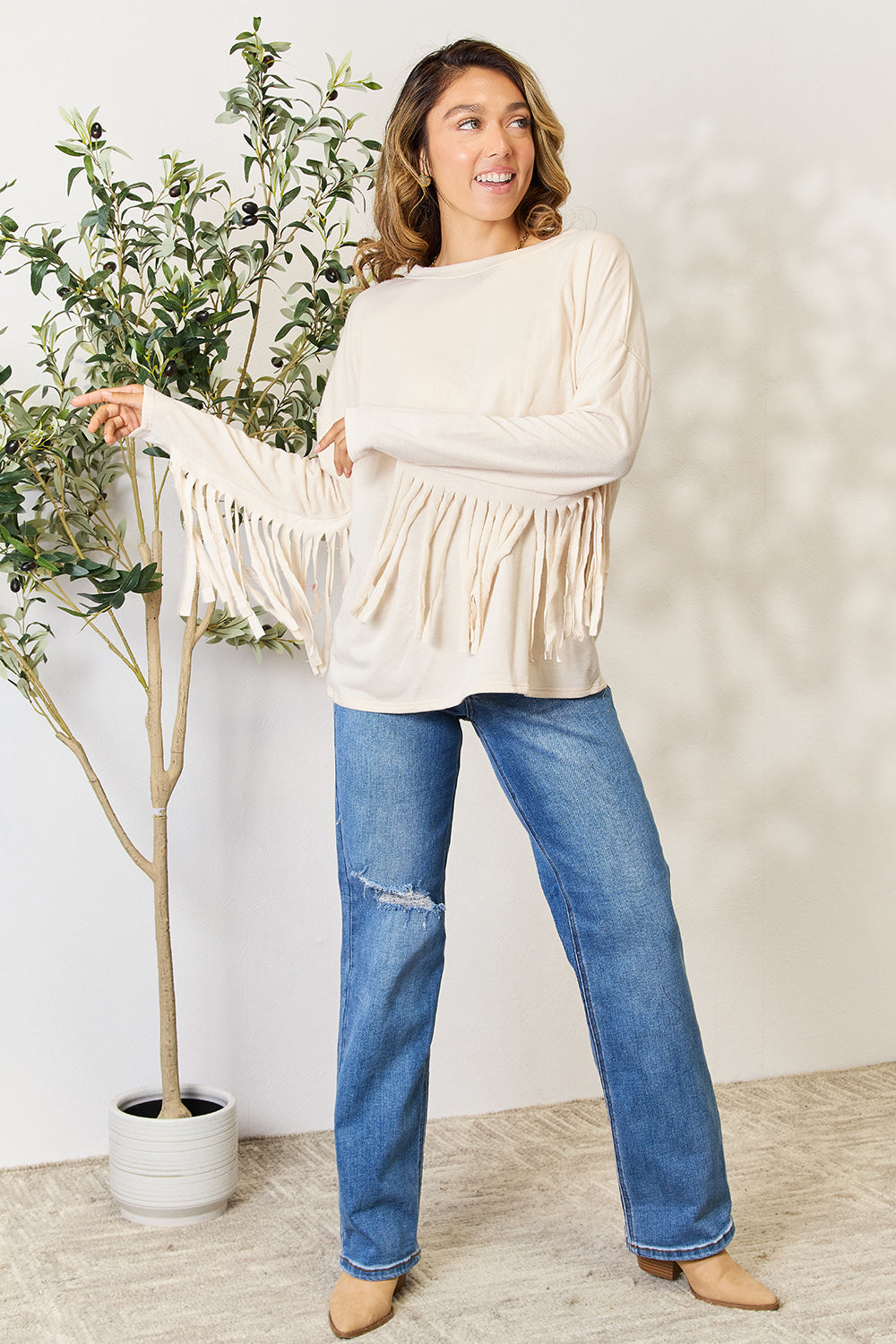 Celeste Full Size Fringe Detail Long Sleeve Blouse