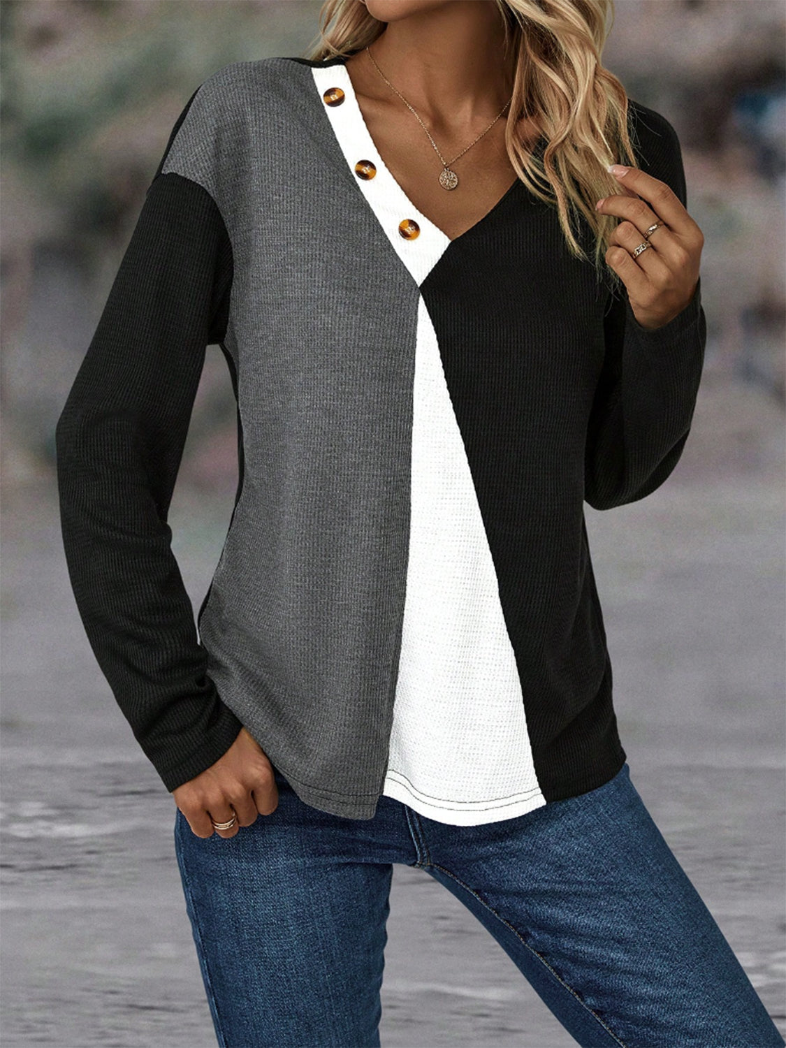 Color Block Decorative Button V-Neck Top