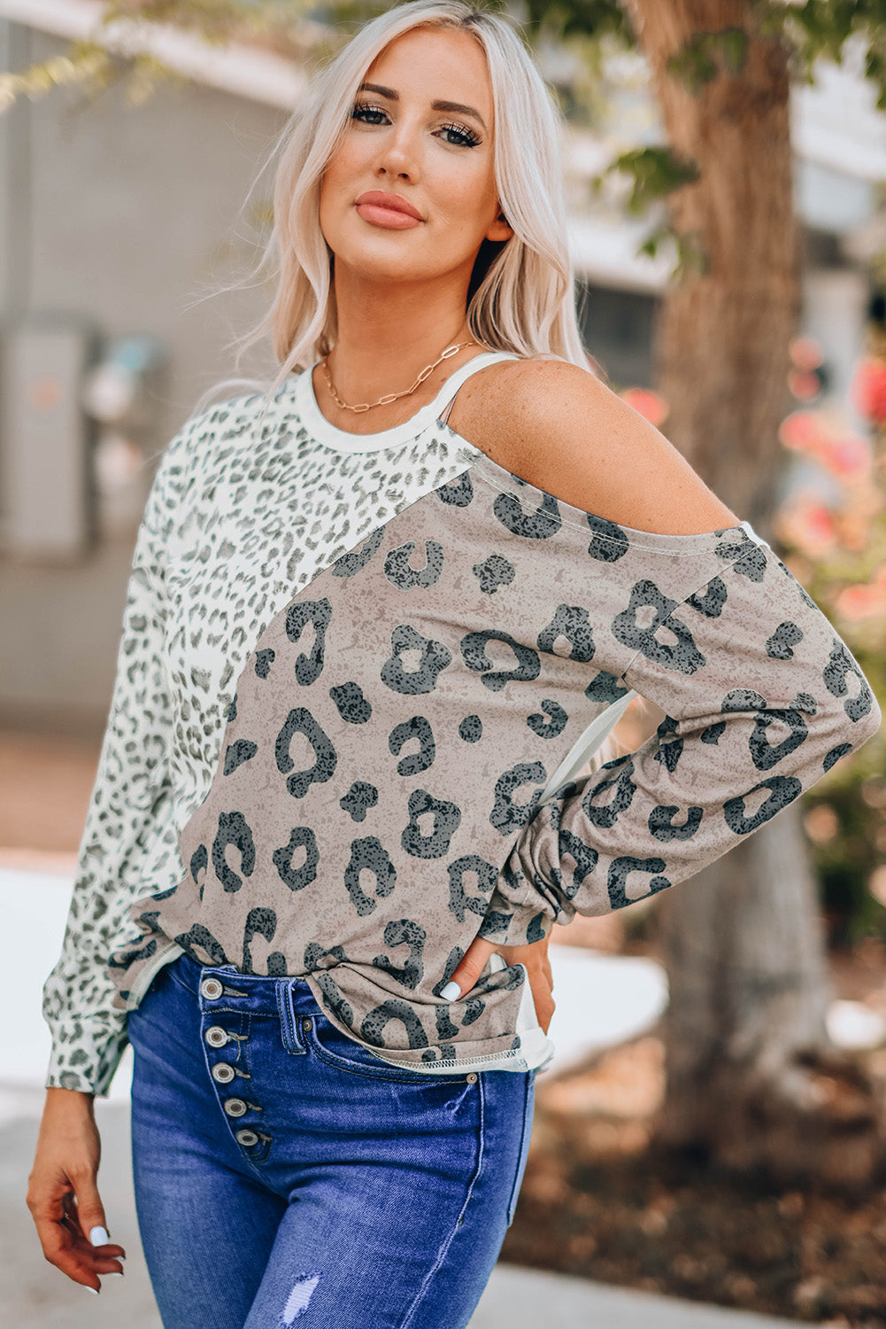 Leopard Color Block Round Neck Cold-Shoulder Top