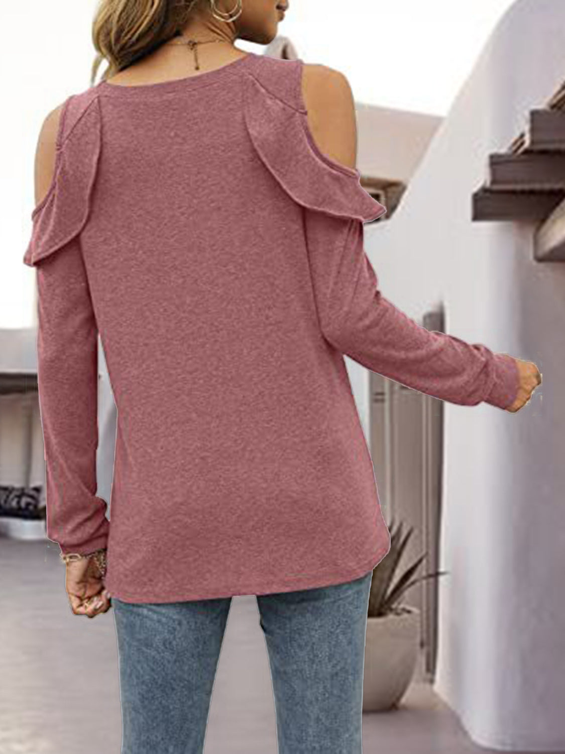 Round Neck Ruffled Cold-Shoulder Blouse