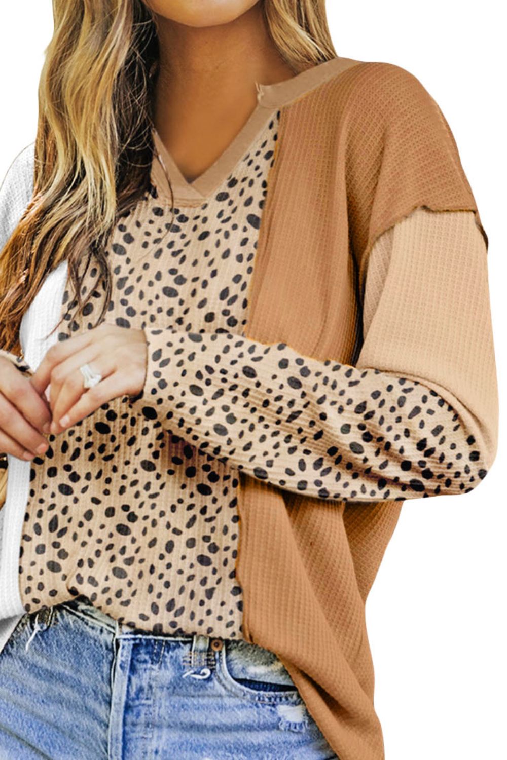 Color Block Leopard Notched Long Sleeve Blouse