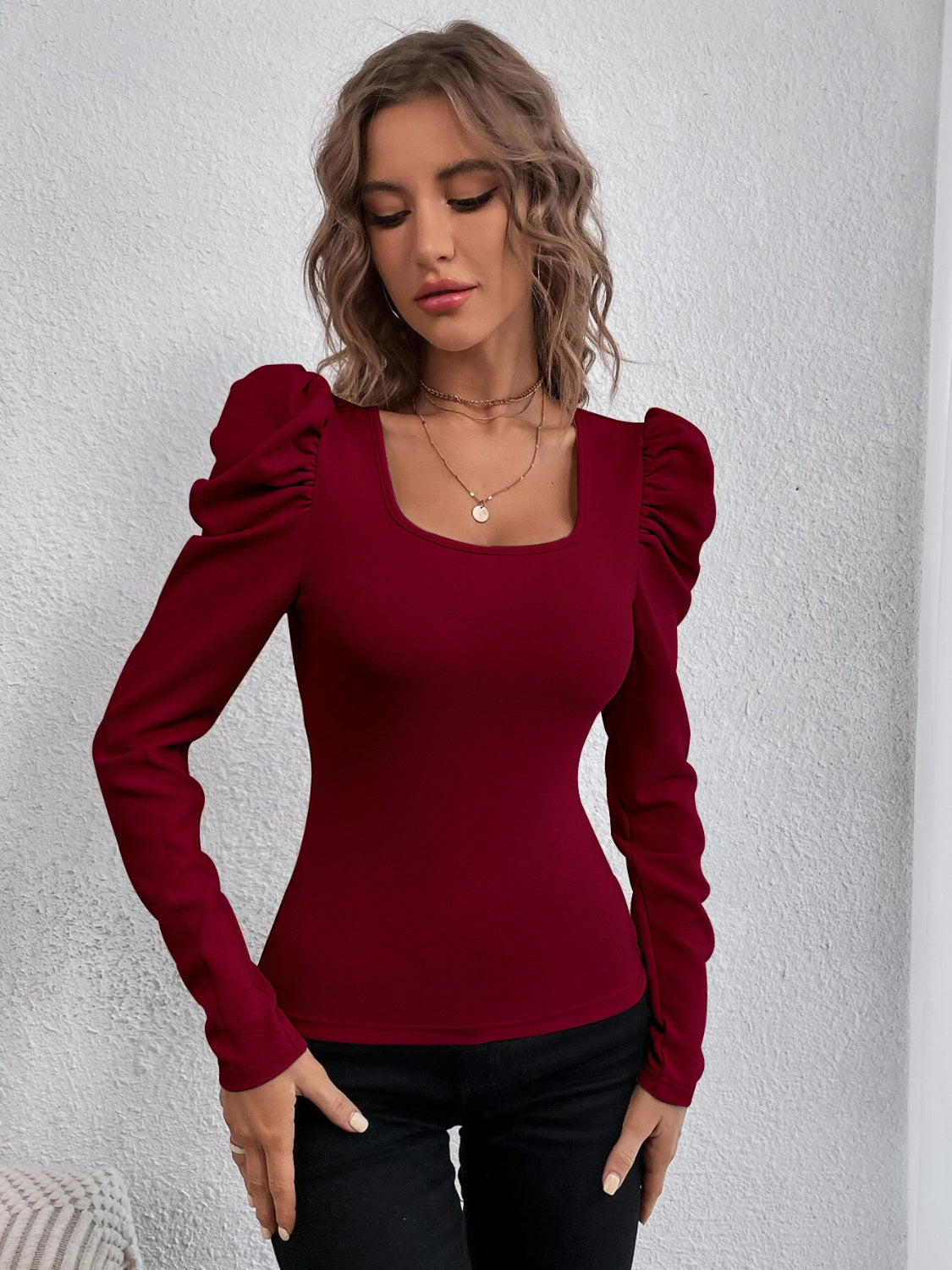 Square Neck Puff  Long Sleeve Top