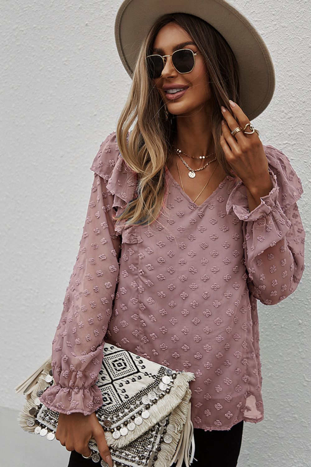 Swiss Dot Ruffle Shoulder Long Sleeve Blouse