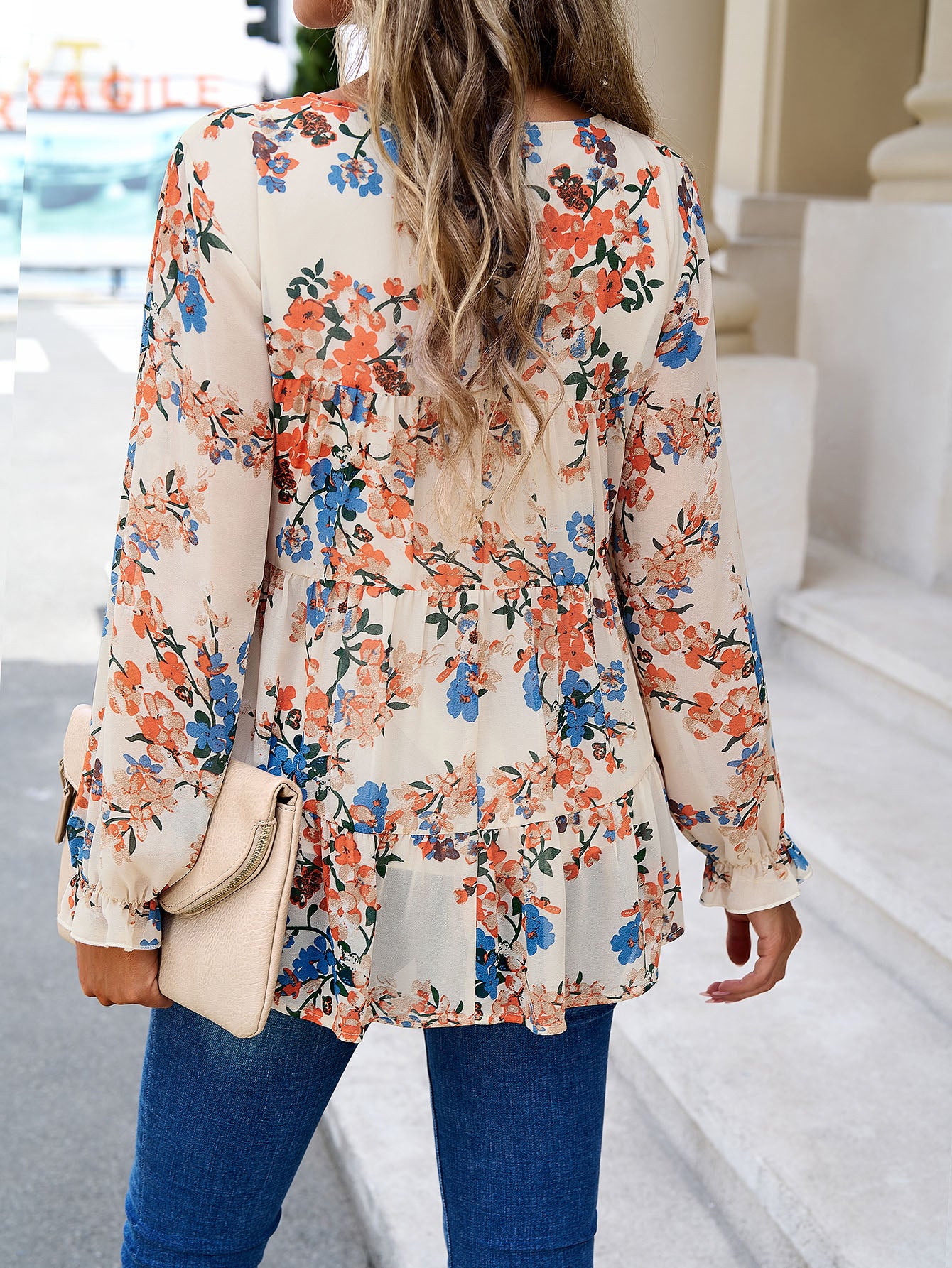 Printed Flounce Sleeve Tiered Blouse